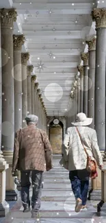 Two people walking in an elegant colonnade with bokeh overlay.