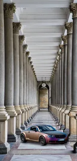 Elegant colonnade with sleek car parked inside.