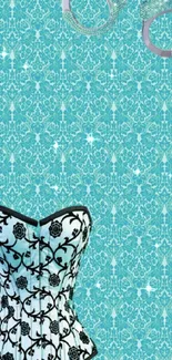 Black and white corset on turquoise wallpaper.