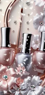 Elegant wallpaper with nail polish, brushes, and white flowers.
