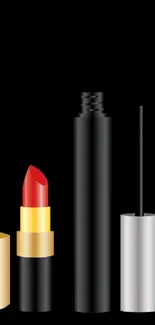 Elegant makeup items on sleek black background wallpaper.