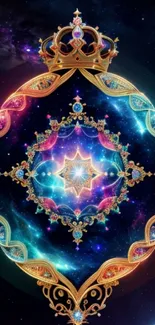 Elegant cosmic art wallpaper with golden and colorful celestial design.