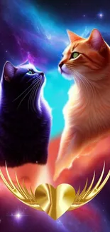 Two cosmic cats with a golden heart in a vibrant galaxy background.