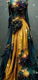 Elegant cosmic-inspired gown with golden yellow and dark accents in a vibrant design.