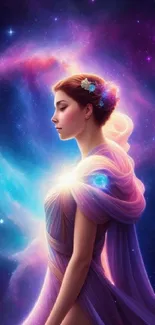 Elegant cosmic portrait of woman in a glowing galaxy.