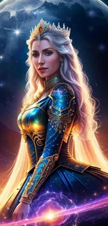 A regal cosmic princess with flowing dress against a celestial background.