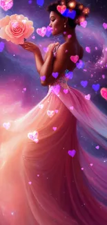 Elegant cosmic woman with rose in a galaxy backdrop.