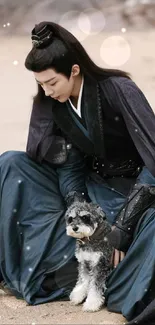 Person in elegant costume with a dog on the beach.