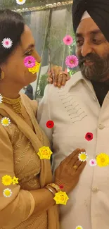 Elegant couple in traditional outfits with a beige background.