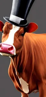 A stylish cow wearing a top hat on a dark background.