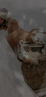 Elegant cowboy in white with star boots lounging on hay.