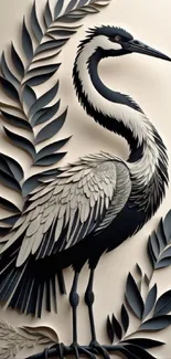 Elegant wallpaper featuring a stylized crane with beige and black tones.