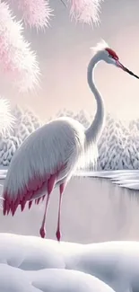 A graceful crane stands in a snowy winter scene by a serene lake.
