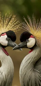 Elegant crane pair with striking plumage in natural setting.