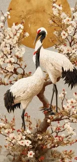 Cranes on a cherry blossom branch with a golden background.