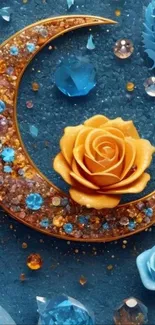 Golden crescent and amber rose with gems on blue background.
