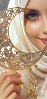 Elegant woman with a crescent moon and golden stars.