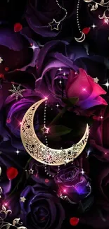 Elegant wallpaper with crescent moon and purple roses.