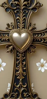 Ornate cross with floral accents on wallpaper.