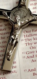 Silver crucifix resting on open scripture page.