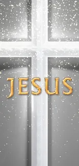 Wallpaper with elegant cross and Jesus text on gray background.