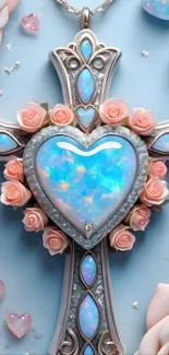 Elegant cross with opal heart and roses on blue background.