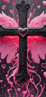 Black cross with pink wings and hearts wallpaper.