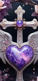 Elegant celestial cross with purple heart and wings.