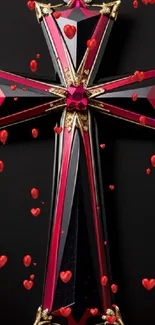 Jeweled cross with red hearts on a black background.