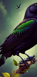 Elegant crow artwork with vivid green feathers and a mysterious dark backdrop.