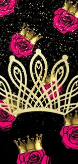 Golden crown and pink roses with glitter on black background.