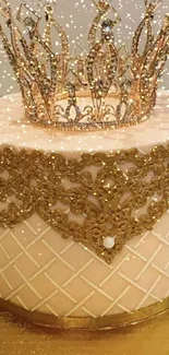 Elegant cake with decorative gold crown on top.