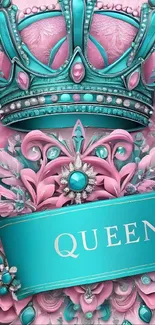 Elegant mobile wallpaper with a pink and turquoise crown design.