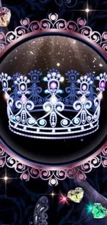 Elegant crown with gems and dark purple background.