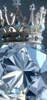 Royal crown adorned with jewels resting on a large diamond.