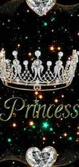 Elegant mobile wallpaper with a diamond crown and text 'Princess' on a starry backdrop.