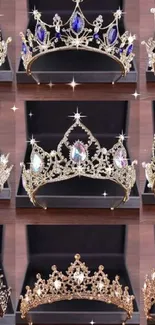 Elegant gold and purple crown collection on display.