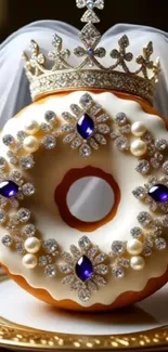 Donut adorned with jewels and a crown on a mobile wallpaper.