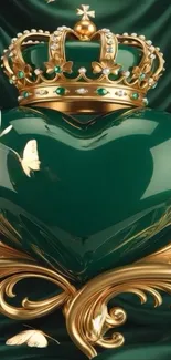 Green heart with golden crown and butterflies.