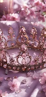 A sparkling crystal crown among pink flowers.