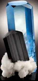 Close-up of a blue crystal with a dark stone on a black background.