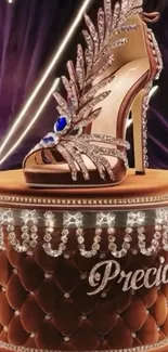 Luxurious brown high heel with crystals on elegant display.