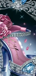 Elegant crystal shoes with roses and intricate details on a magical background.