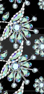 Crystal floral mobile wallpaper with gemstones on black background.