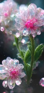 Elegant pink crystal flowers with sparkling details on a dark background wallpaper.