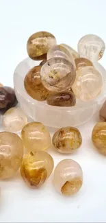 Polished crystals and gemstones in a dish, featuring beige and brown hues.