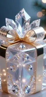 A crystal gift box with gold ribbon and diamond accents.