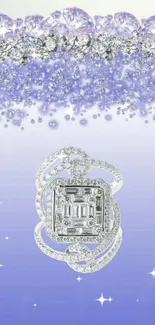 Lavender wallpaper with diamonds and a central crystal jewelry design.