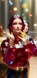 Elegant crystal mannequins with luminous reflections in a glamorous setting.