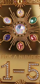 Elegant wallpaper with gold and colorful crystals featuring a number selection theme.
